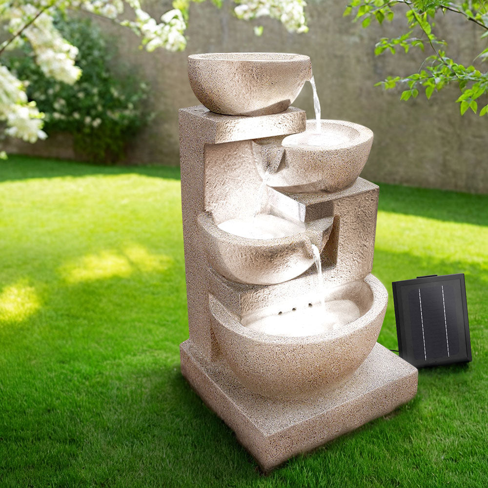Gardeon Solar Water Feature Cascading Fountain 4-Tier Bowl LED Lights 72CM Sand-Water Features-PEROZ Accessories