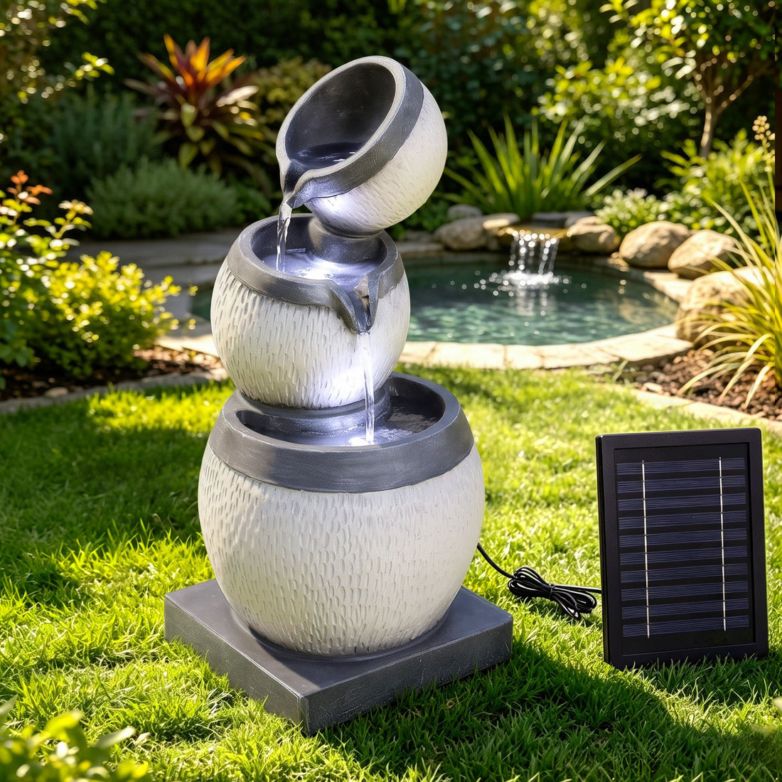 Gardeon Solar Fountain 3 Levels Cascading Bowl Water Feature 52cm Grey-Home &amp; Garden > Fountains > Fountains &amp; Ponds-PEROZ Accessories