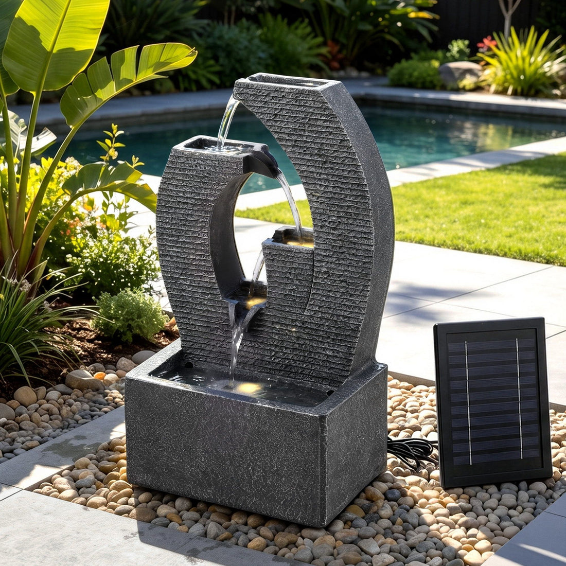 Gardeon Solar Fountain 5 Levels Cascading Water Feature Resin 50cm Black-Home &amp; Garden > Fountains > Fountains &amp; Ponds-PEROZ Accessories
