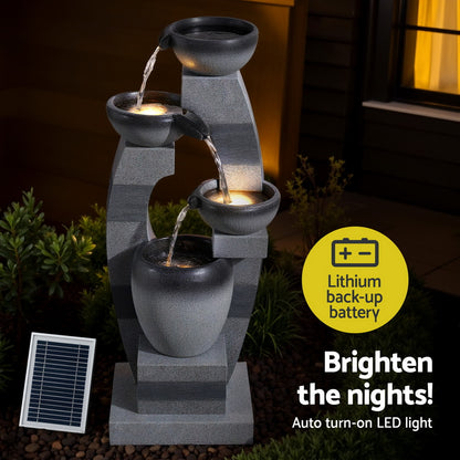 Gardeon Solar Fountain Water Feature Outdoor Fountain Indoor 3-Tier Bowl Cascading Grey-Home &amp; Garden &gt; Fountains &gt; Fountain &amp; Ponds Accessories-PEROZ Accessories