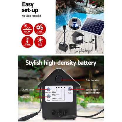 Gardeon Solar Pond Pump with Battery Kit LED Lights 6.6FT-Home &amp; Garden &gt; Garden Tools-PEROZ Accessories