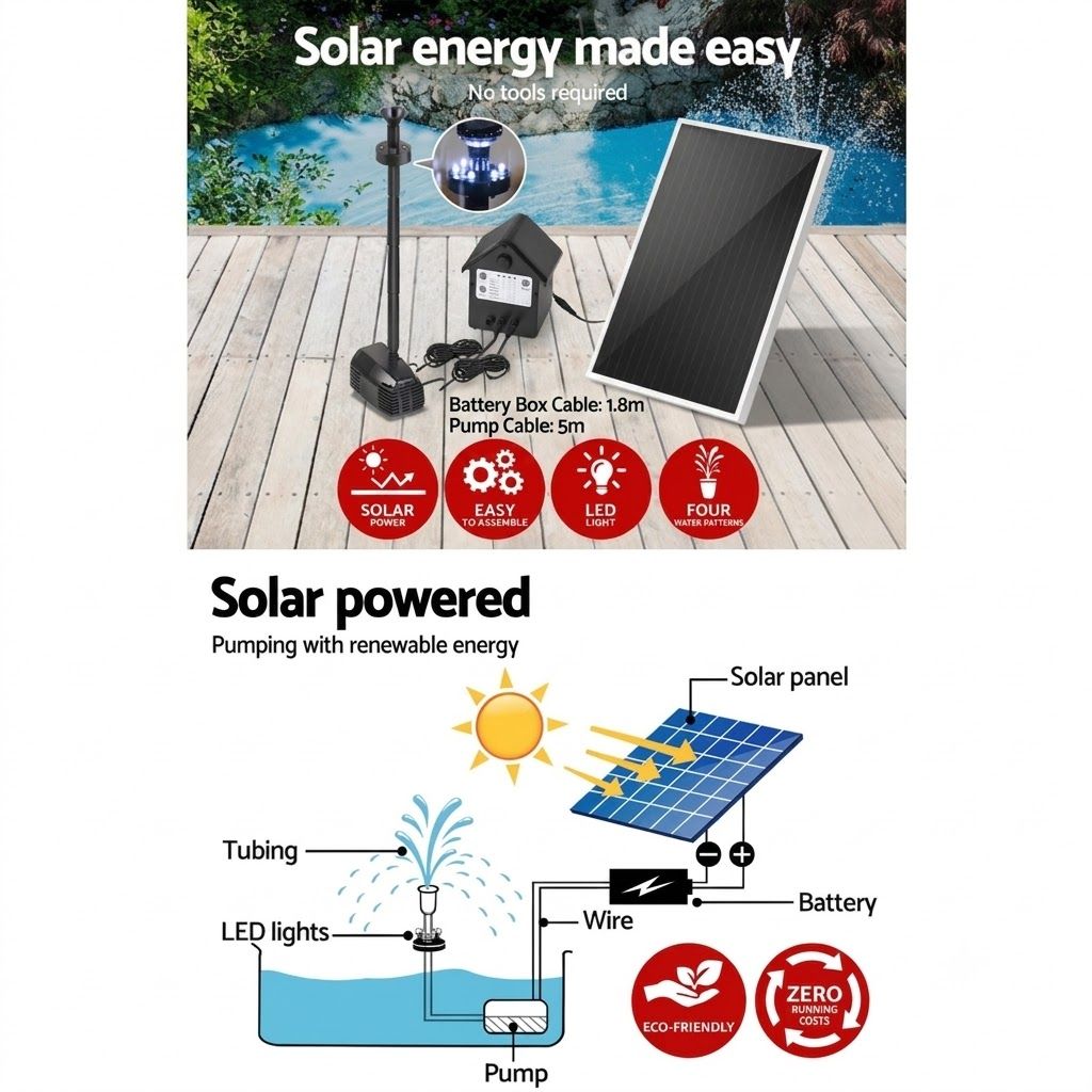 Gardeon Solar Pond Pump Submersible Water Fountain with Battery Kit LED Lights 4FT-Fountains-PEROZ Accessories