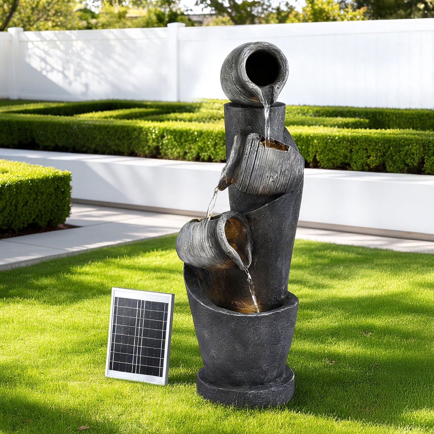 Gardeon Solar Fountain Water Feature Cascading Fountain 3-Tier Pot LED Lights 80CM Grey-Home &amp; Garden > Fountains > Fountains &amp; Ponds-PEROZ Accessories