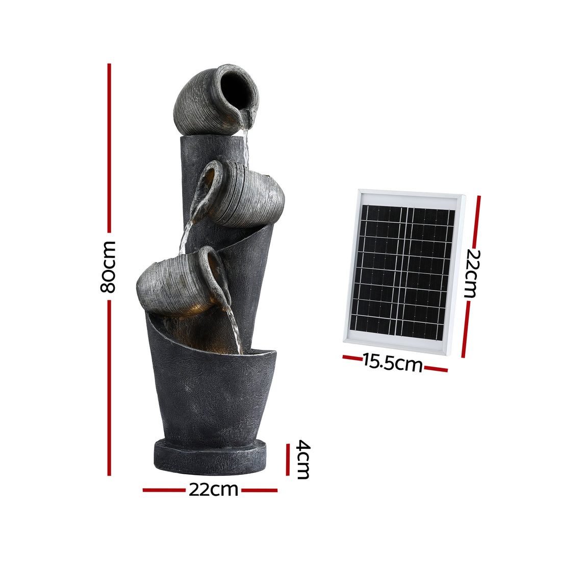 Gardeon Solar Fountain Water Feature Cascading Fountain 3-Tier Pot LED Lights 80CM Grey-Home &amp; Garden > Fountains > Fountains &amp; Ponds-PEROZ Accessories