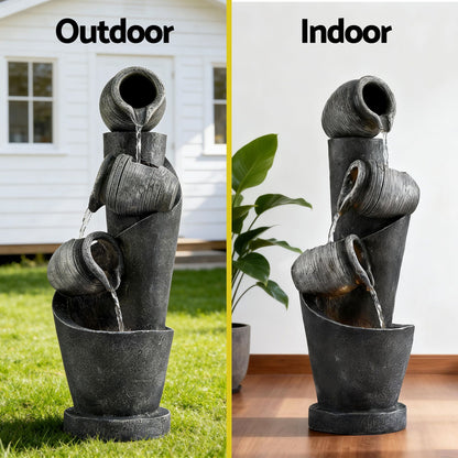 Gardeon Solar Fountain Water Feature Cascading Fountain 3-Tier Pot LED Lights 80CM Grey-Home &amp; Garden > Fountains > Fountains &amp; Ponds-PEROZ Accessories