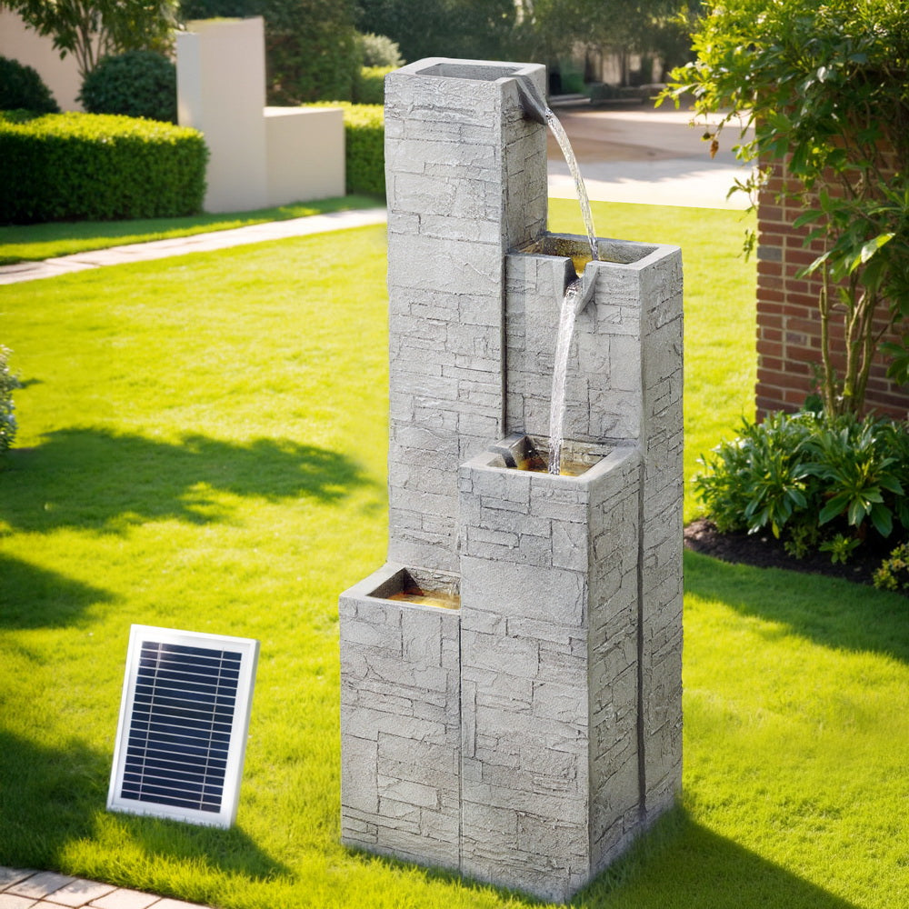 Gardeon Solar Fountain Water Feature Outdoor Indoor 4-Tier Square Cascading Beige-Home &amp; Garden &gt; Fountains &gt; Fountain &amp; Ponds Accessories-PEROZ Accessories