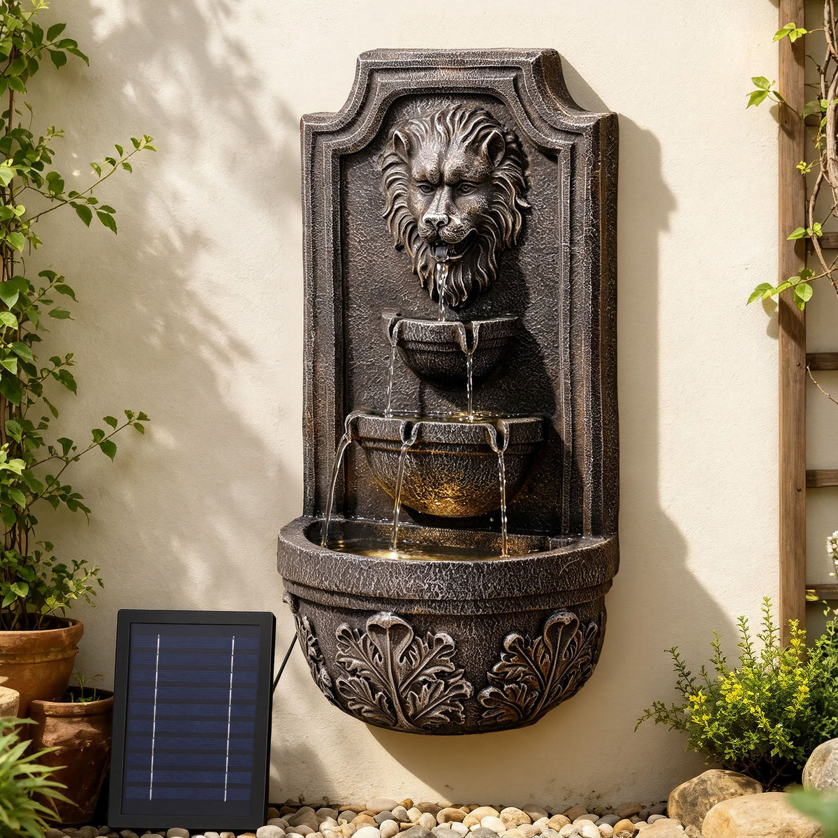 Gardeon Solar Fountain Water Feature Lion Head Wall Fountain 67cm Brown-Home &amp; Garden > Fountains > Fountains &amp; Ponds-PEROZ Accessories