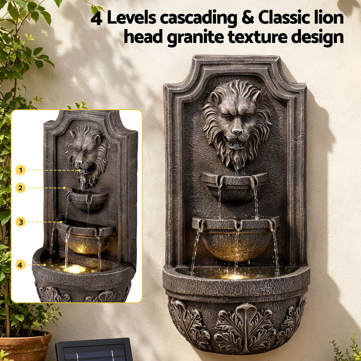 Gardeon Solar Fountain Water Feature Lion Head Wall Fountain 67cm Brown-Home &amp; Garden > Fountains > Fountains &amp; Ponds-PEROZ Accessories