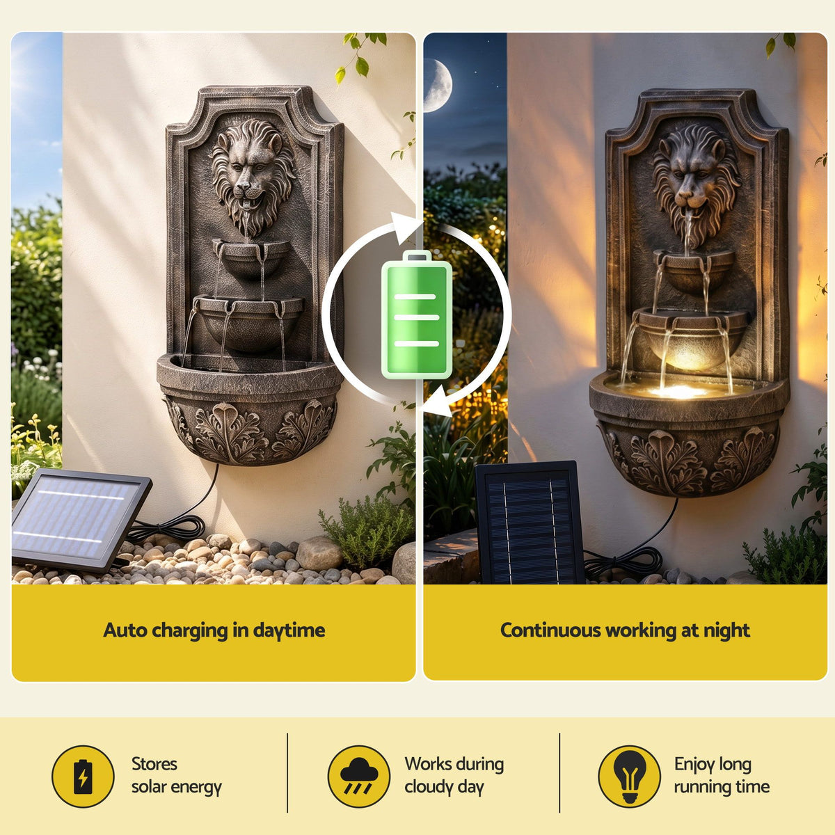 Gardeon Solar Fountain Water Feature Lion Head Wall Fountain 67cm Brown-Home &amp; Garden > Fountains > Fountains &amp; Ponds-PEROZ Accessories