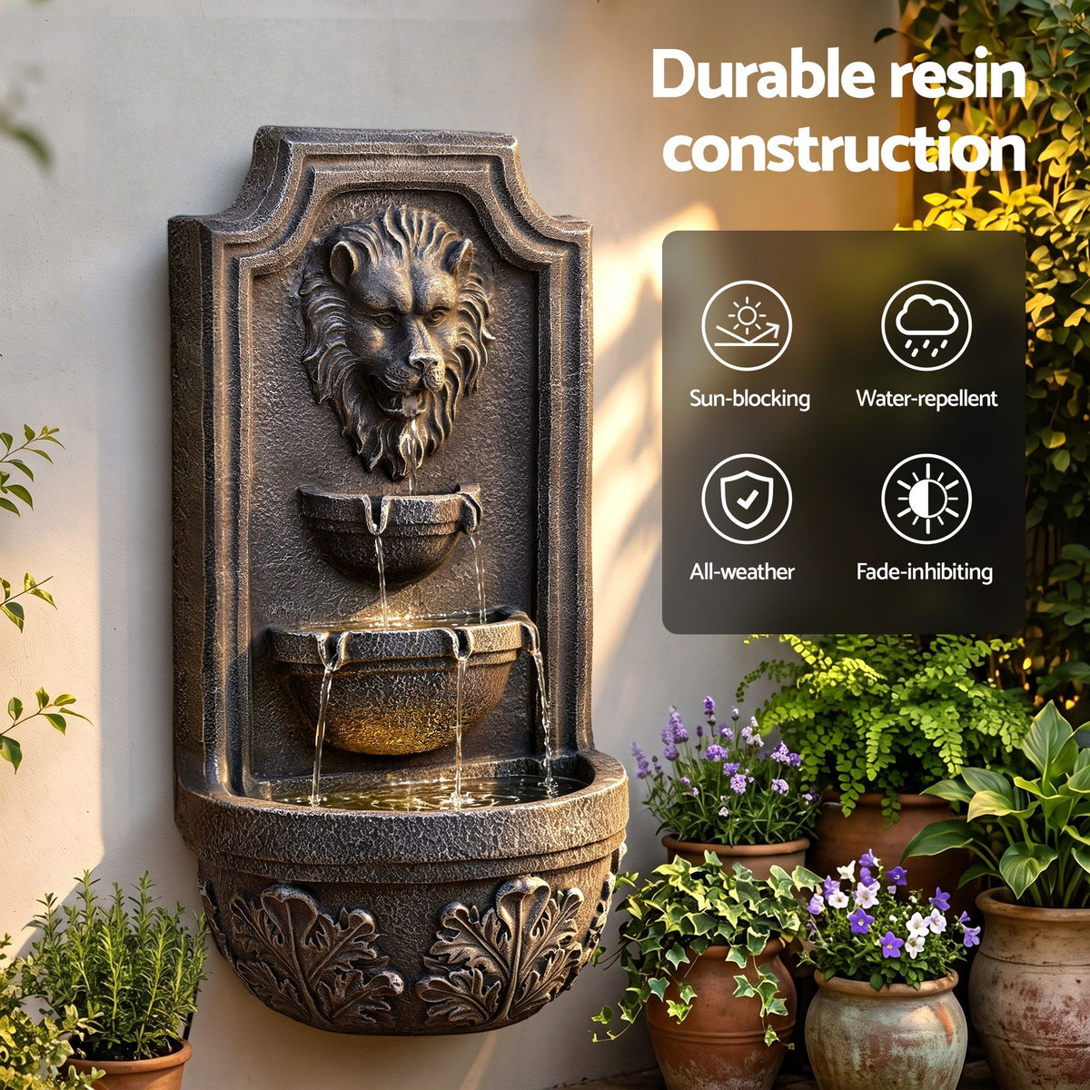 Gardeon Solar Fountain Water Feature Lion Head Wall Fountain 67cm Brown-Home &amp; Garden > Fountains > Fountains &amp; Ponds-PEROZ Accessories