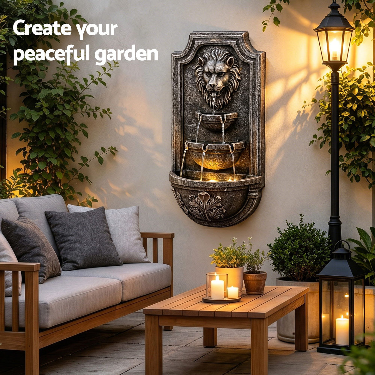Gardeon Solar Fountain Water Feature Lion Head Wall Fountain 67cm Brown-Home &amp; Garden > Fountains > Fountains &amp; Ponds-PEROZ Accessories