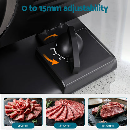 Devanti Meat Slicer Bread Vegetable, 200W Power 0-15mm Adjustable Easy Clean Stable Stainless Steel Blade Food Slicer for Kitchen Commercial, Black-Appliances > Kitchen Appliances > Kitchen Appliance Accessories-PEROZ Accessories