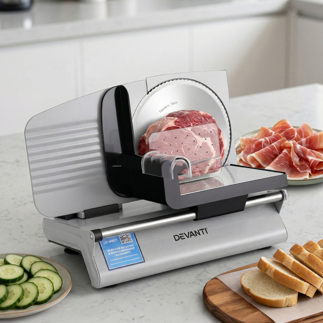Devanti Meat Slicer Bread Vegetable, 200W Power 0-15mm Adjustable Easy Clean Stable Stainless Steel Blade Food Slicer for Kitchen Commercial, Silver-Appliances > Kitchen Appliances > Kitchen Appliance Accessories-PEROZ Accessories