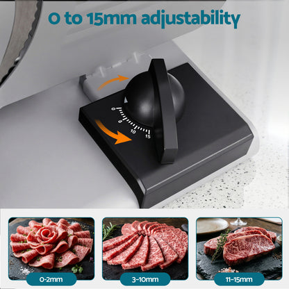 Devanti Meat Slicer Bread Vegetable, 200W Power 0-15mm Adjustable Easy Clean Stable Stainless Steel Blade Food Slicer for Kitchen Commercial, Silver-Appliances > Kitchen Appliances > Kitchen Appliance Accessories-PEROZ Accessories