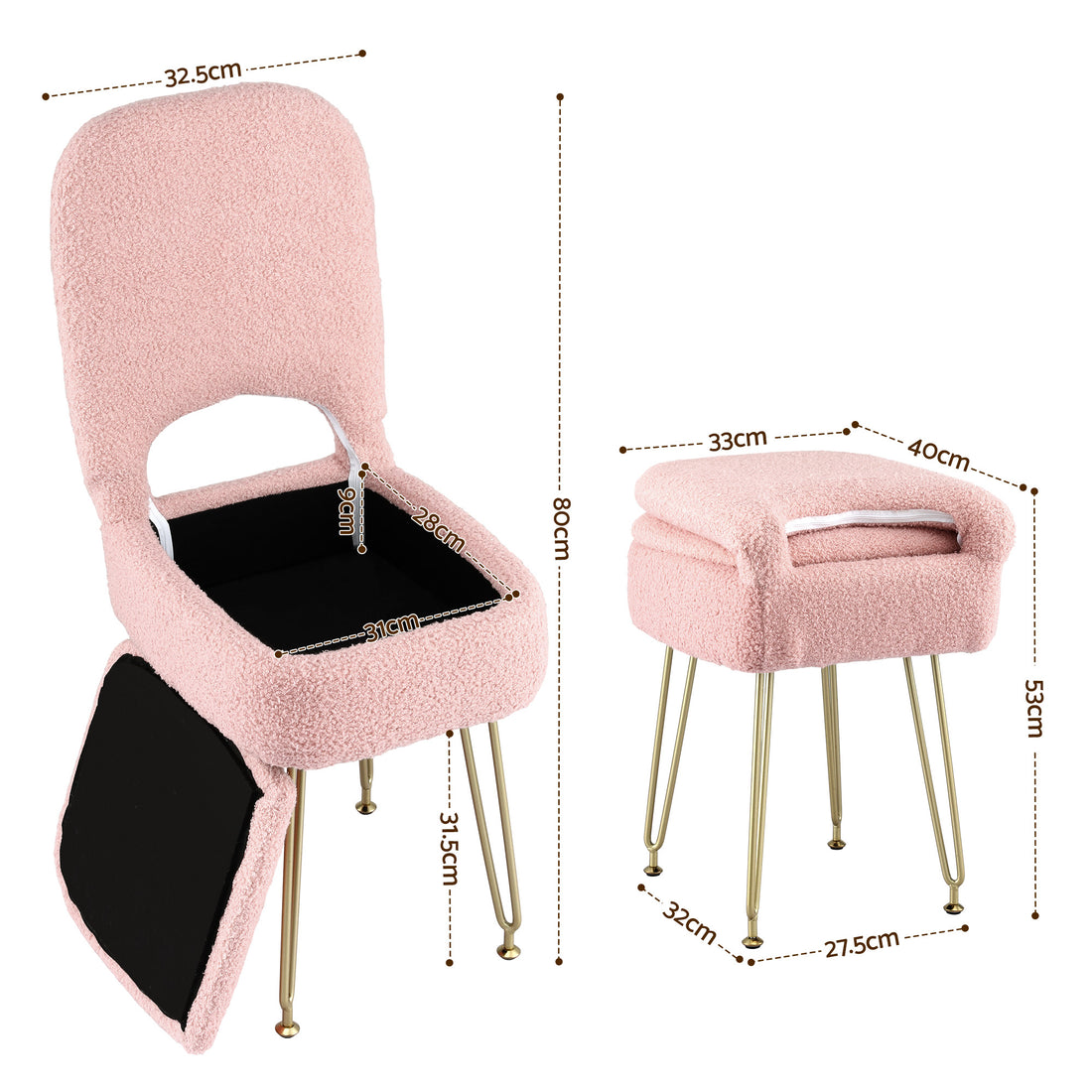 Artiss Storage Ottoman Vanity Stool Foot Stool Folding Back Pink-Furniture > Living Room > Ottomans &amp; Footstools-PEROZ Accessories