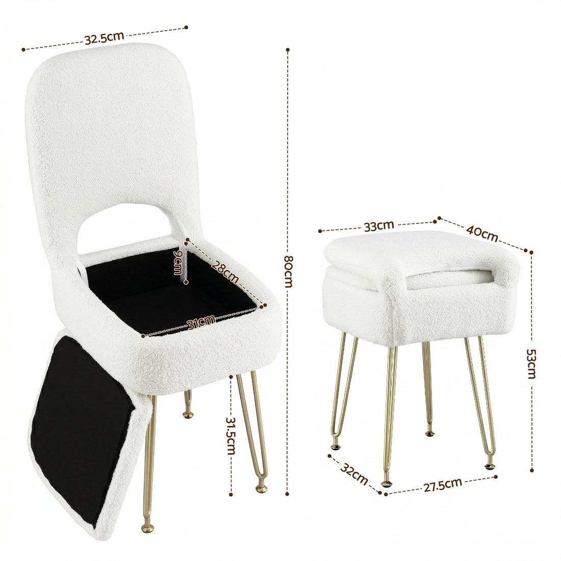 Artiss Storage Ottoman Vanity Stool Foot Stool Folding Back White-Furniture > Living Room > Ottomans &amp; Footstools-PEROZ Accessories