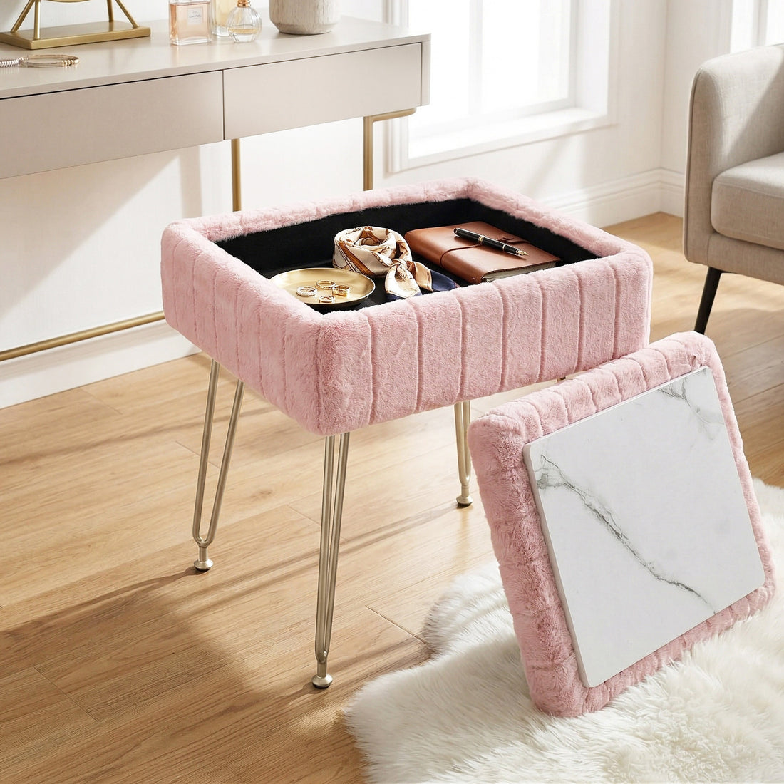 Artiss Storage Ottoman Vanity Foot Stool Pink-Furniture > Living Room > Ottomans &amp; Footstools-PEROZ Accessories