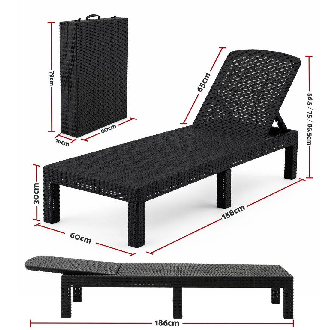 Gardeon Sun Lounge Outdoor Folding Recliner Patio Pool Beach Chair Rattan Black-Home &amp; Garden > Bedding > Bed Sheets-PEROZ Accessories