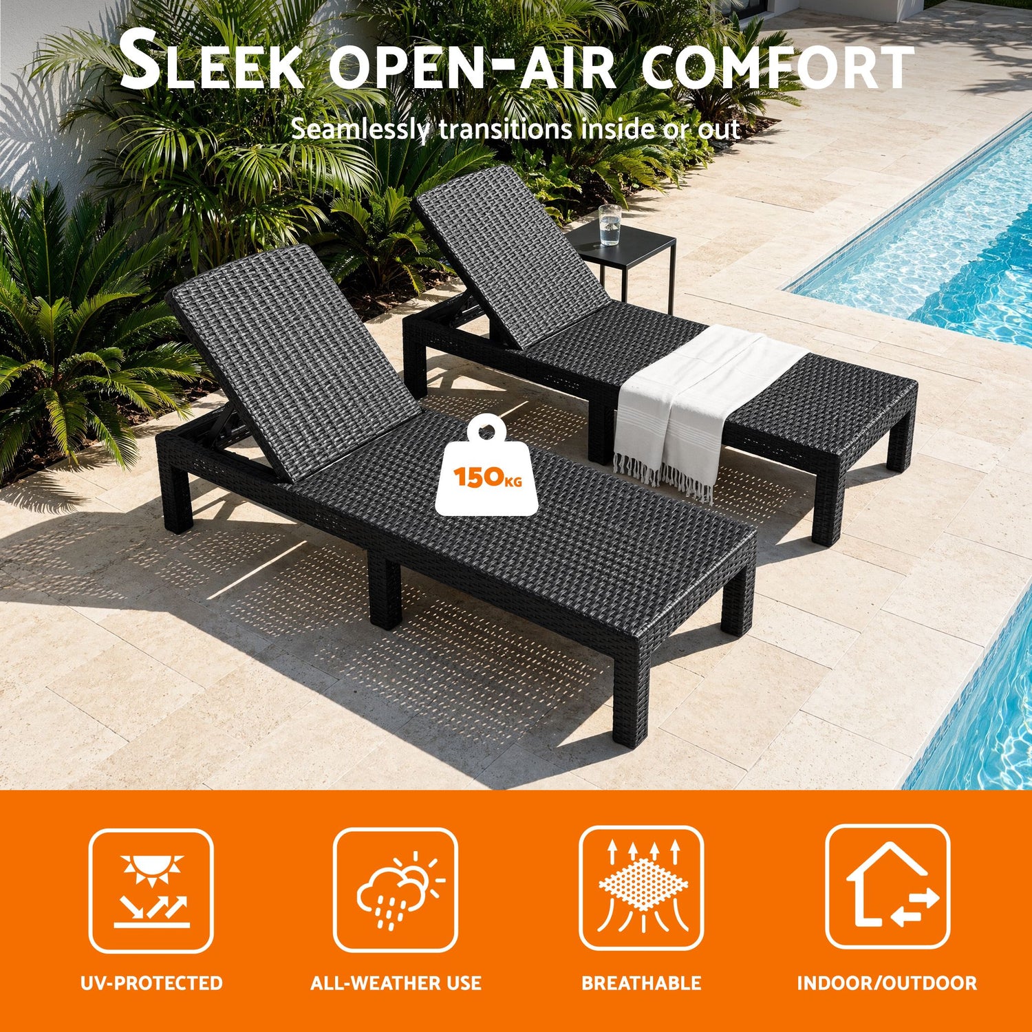 Gardeon Sun Lounge Outdoor Folding Recliner Patio Pool Beach Chair Rattan Black