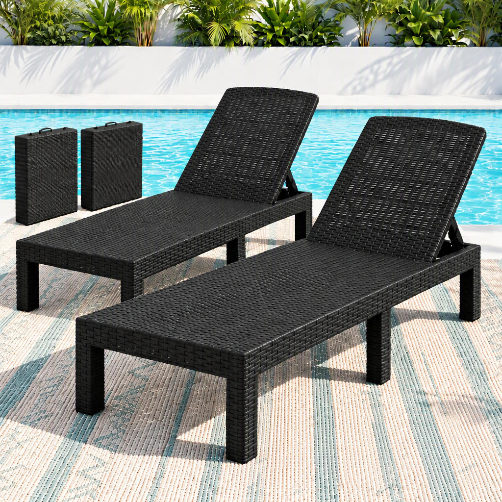 Gardeon 2X Foldable Sun Lounges Outdoor Recliner Patio Beach Chair Rattan Black-Furniture > Outdoor > Outdoor Chairs-PEROZ Accessories