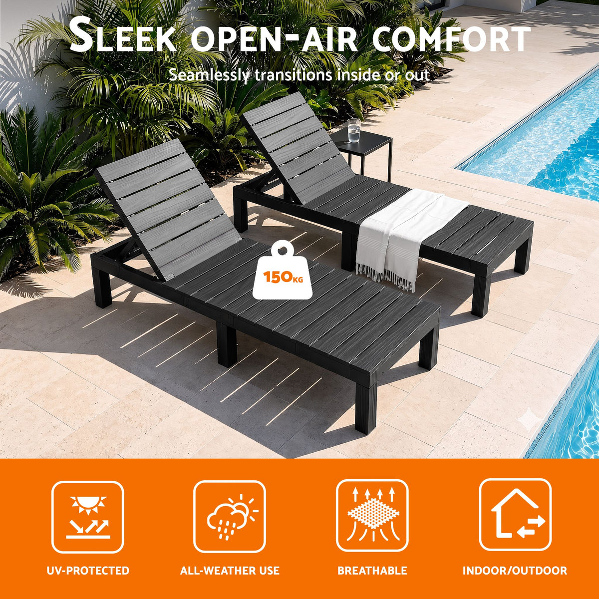 Gardeon 2X Foldable Sun Lounges Outdoor Recliner Patio Beach Chair Slatted Black-Furniture > Outdoor > Outdoor Chairs-PEROZ Accessories