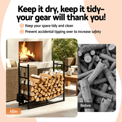 Gardeon Firewood Rack 84cm Wood Rack Firewood Storage Indoor Outdoor Black-Home &amp; Garden &gt; Garden Tools &gt; Gardening Accessories-PEROZ Accessories