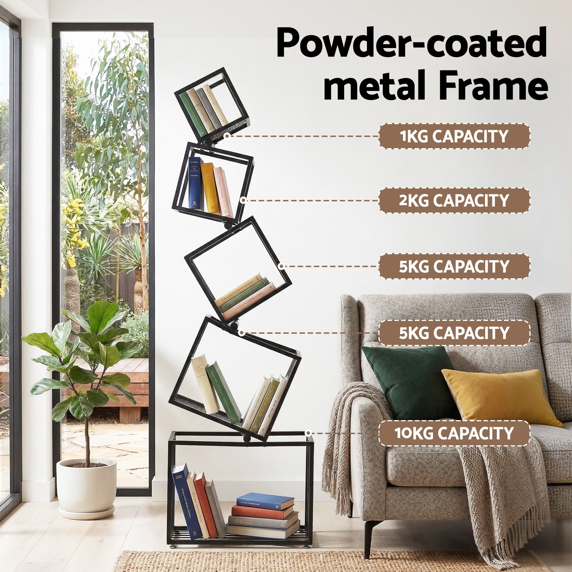 Artiss 5-Tier Bookshelf Metal Geometric Display Shelf Storage Organizer Black-Furniture > Living Room > Bookcases &amp; Shelves-PEROZ Accessories