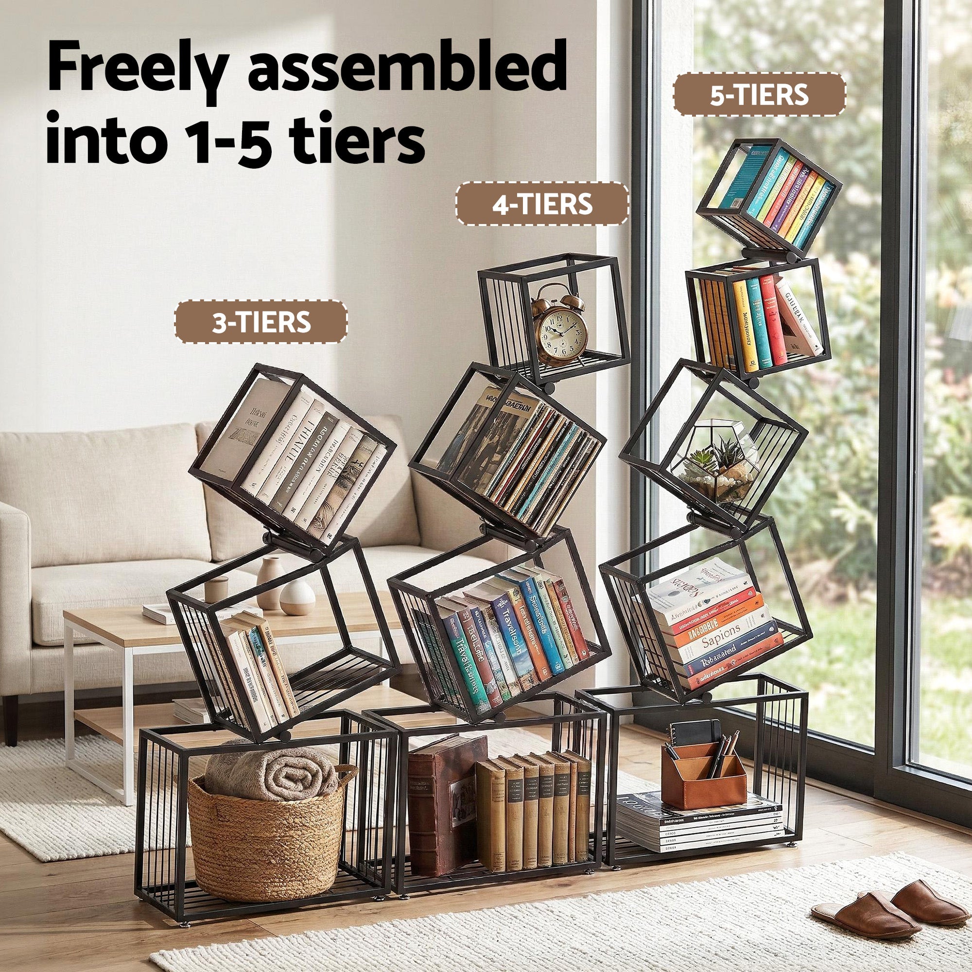 Artiss 5-Tier Bookshelf Metal Geometric Display Shelf Storage Organizer Black-Furniture > Living Room > Bookcases &amp; Shelves-PEROZ Accessories
