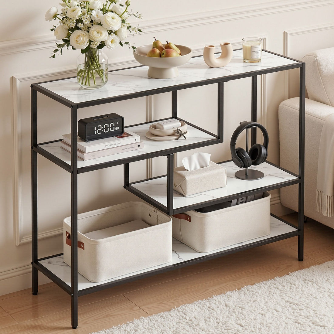 Artiss Console Table Entryway Hallway Marble Effect 4-Tier Storage Shelves White-Furniture > Living Room > Side Tables-PEROZ Accessories