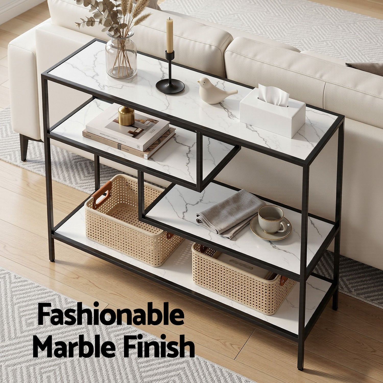 Artiss Console Table Entryway Hallway Marble Effect 4-Tier Storage Shelves White-Furniture > Living Room > Side Tables-PEROZ Accessories