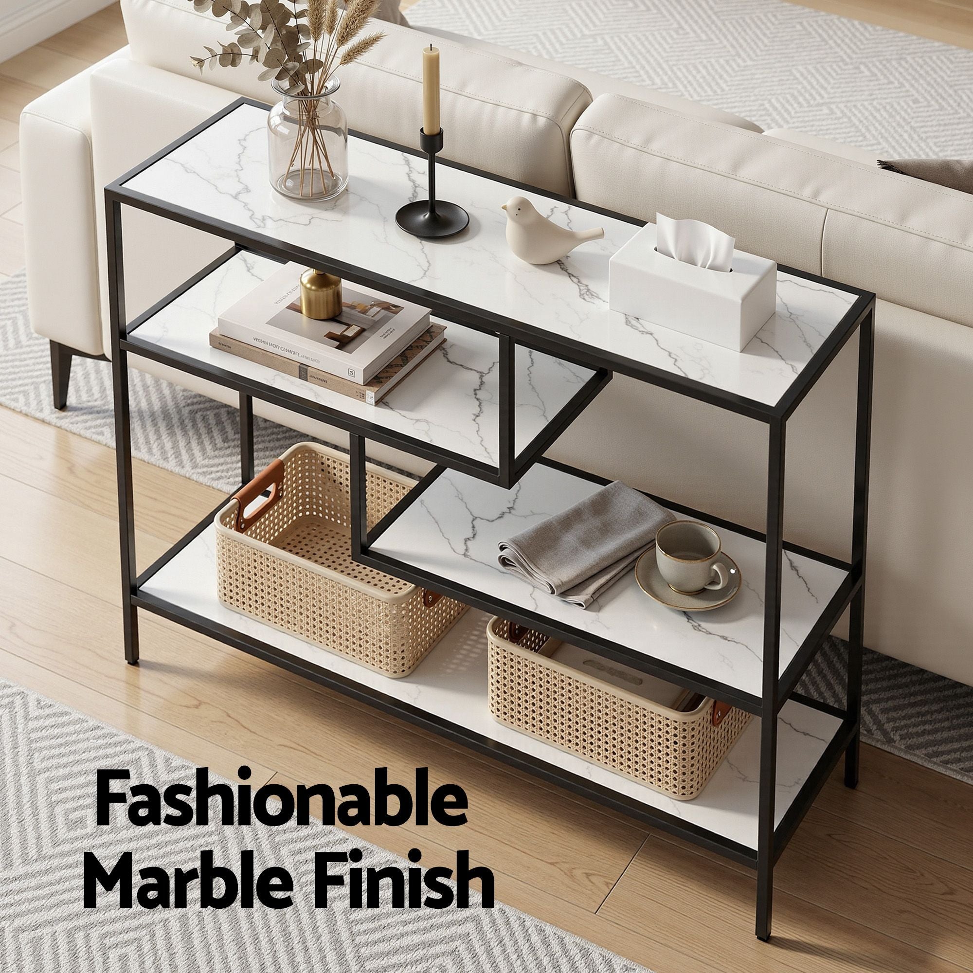 Artiss Console Table Entryway Hallway Marble Effect 4-Tier Storage Shelves White-Furniture > Living Room > Side Tables-PEROZ Accessories