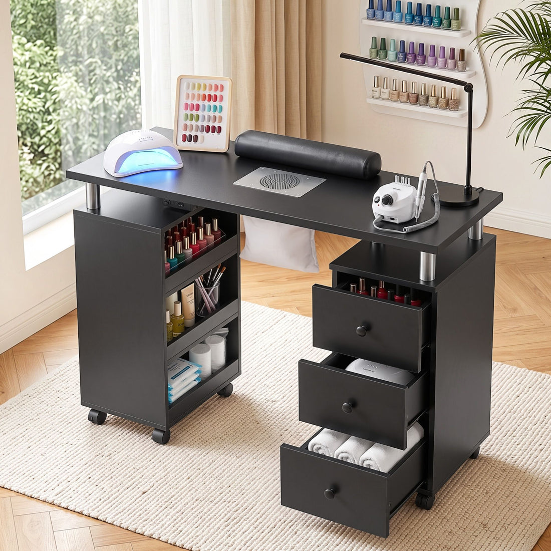 Artiss Manicure Table Nail Desk with Built-in Dust Collector Beauty Salon Station Drawers Shelves Wrist Cushion Wheels Black-Furniture > Bedroom > Dressing Vanity &amp; Dressing Tables-PEROZ Accessories