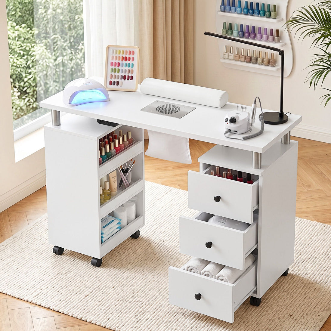 Artiss Manicure Table Nail Desk with Built-in Dust Collector Beauty Salon Station Drawers Shelves Wrist Cushion Wheels White-Furniture > Bedroom > Dressing Vanity &amp; Dressing Tables-PEROZ Accessories
