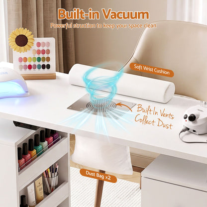 Artiss Manicure Table Nail Desk with Built-in Dust Collector Beauty Salon Station Drawers Shelves Wrist Cushion Wheels White