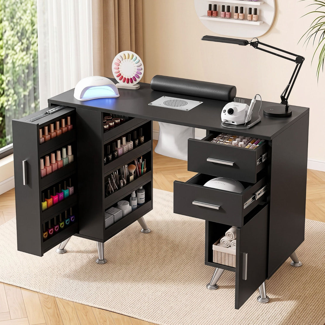 Artiss Manicure Table Nail Desk with Built-in Dust Collector Beauty Salon Station Drawers Shelves Wrist Cushion Black-Furniture > Bedroom > Dressing Vanity &amp; Dressing Tables-PEROZ Accessories