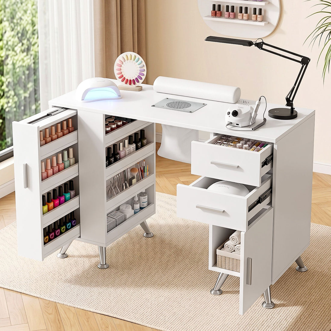 Artiss Manicure Table Nail Desk with Built-in Dust Collector Beauty Salon Station Drawers Shelves Wrist Cushion White-Furniture > Bedroom > Dressing Vanity &amp; Dressing Tables-PEROZ Accessories