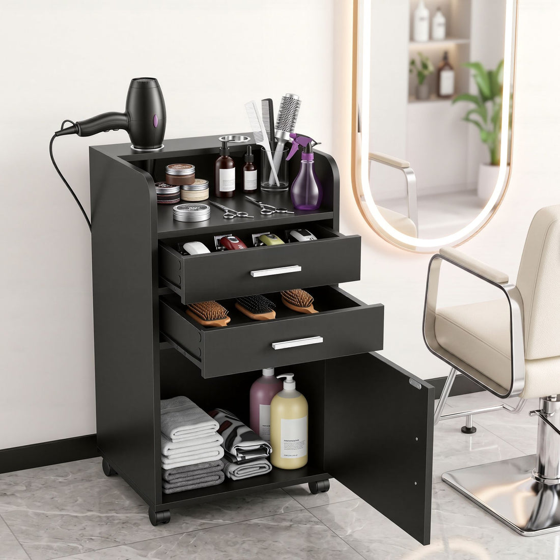 Artiss Professional Salon Station Rolling Cart, Hair Styling Beauty Cabinet with 2 Drawers &amp; 2 Appliance Holders, Wood Barber Spa Trolley with 360° Wheels for Skincare &amp; Vanity, Black-Tools > Tools Storage > Utility Trolleys-PEROZ Accessories