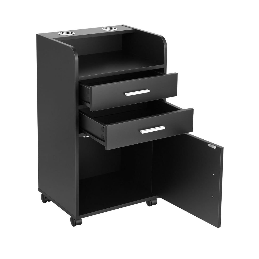 Artiss Professional Salon Station Rolling Cart, Hair Styling Beauty Cabinet with 2 Drawers &amp; 2 Appliance Holders, Wood Barber Spa Trolley with 360° Wheels for Skincare &amp; Vanity, Black-Tools > Tools Storage > Utility Trolleys-PEROZ Accessories