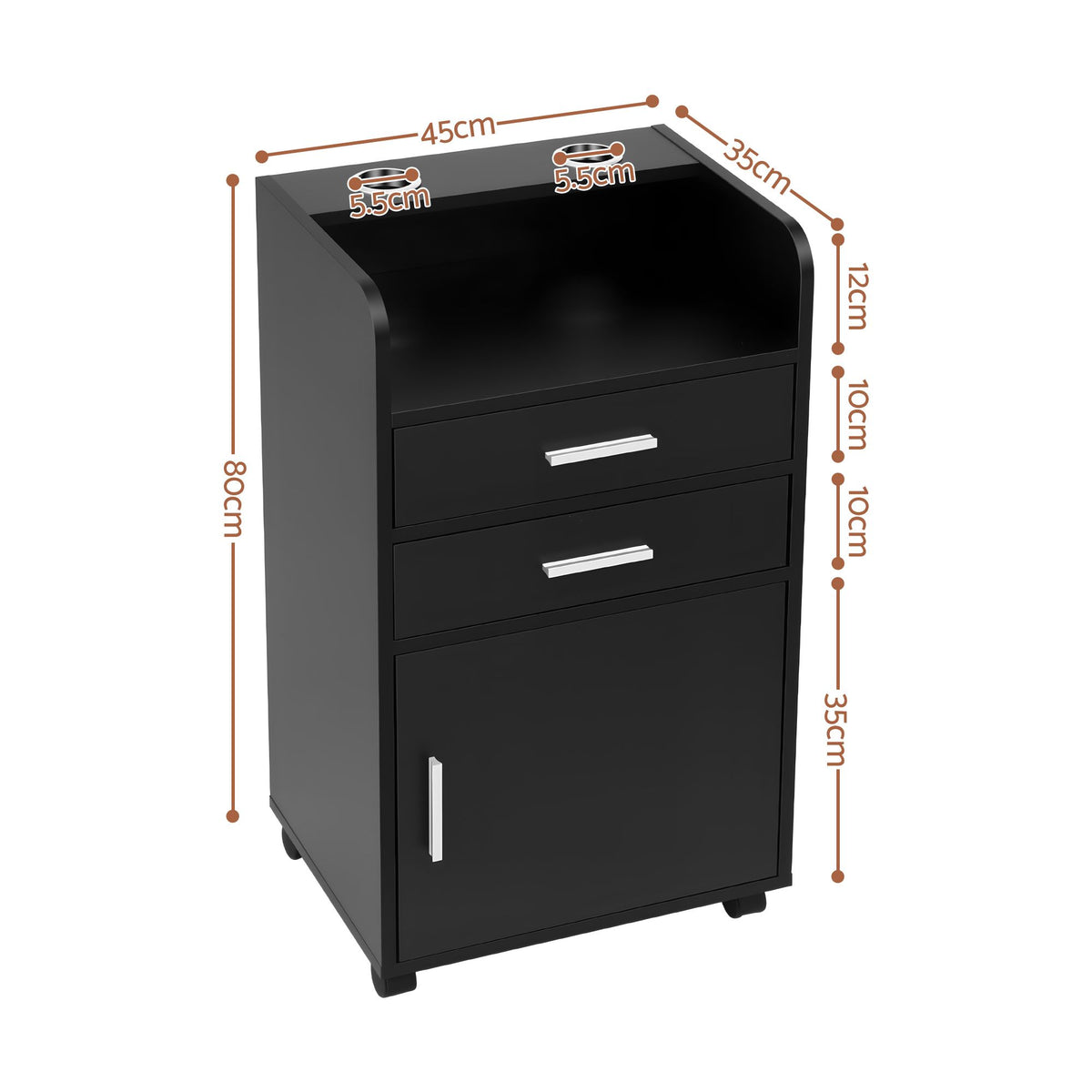 Artiss Professional Salon Station Rolling Cart, Hair Styling Beauty Cabinet with 2 Drawers &amp; 2 Appliance Holders, Wood Barber Spa Trolley with 360° Wheels for Skincare &amp; Vanity, Black