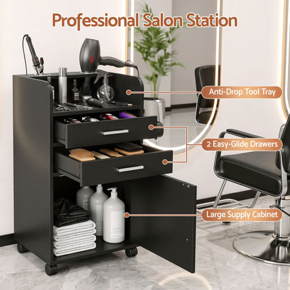 Artiss Professional Salon Station Rolling Cart, Hair Styling Beauty Cabinet with 2 Drawers &amp; 2 Appliance Holders, Wood Barber Spa Trolley with 360° Wheels for Skincare &amp; Vanity, Black