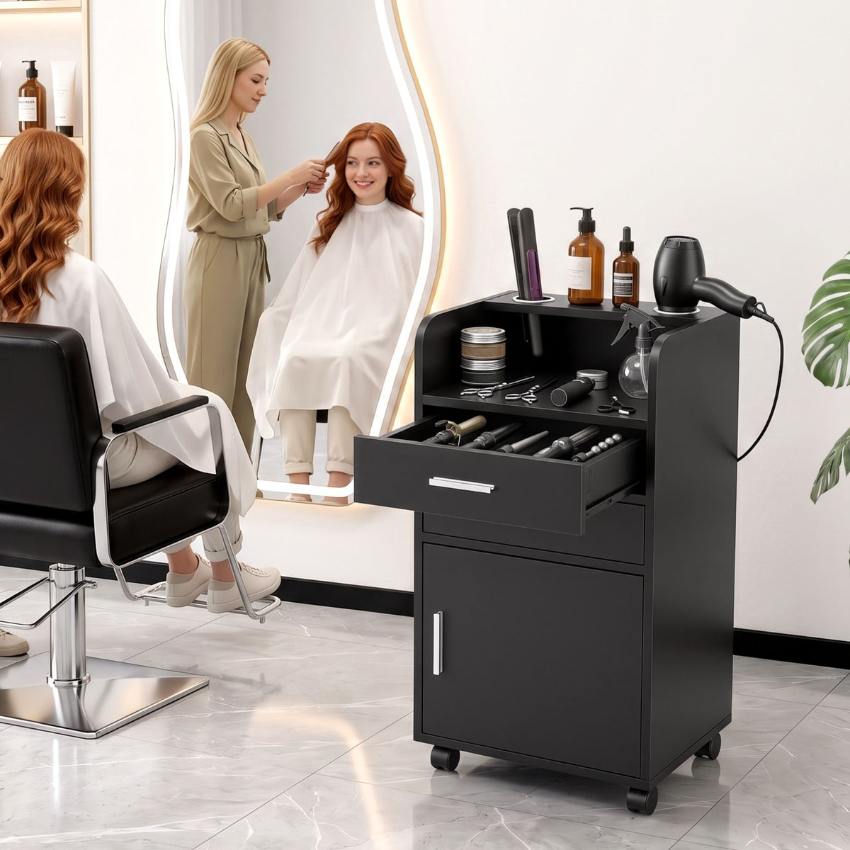 Artiss Professional Salon Station Rolling Cart, Hair Styling Beauty Cabinet with 2 Drawers &amp; 2 Appliance Holders, Wood Barber Spa Trolley with 360° Wheels for Skincare &amp; Vanity, Black