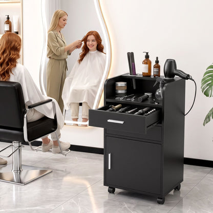 Artiss Professional Salon Station Rolling Cart, Hair Styling Beauty Cabinet with 2 Drawers &amp; 2 Appliance Holders, Wood Barber Spa Trolley with 360° Wheels for Skincare &amp; Vanity, Black