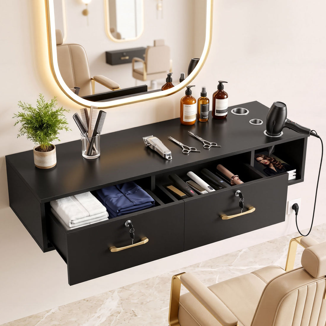 Artiss Wall Mounted Salon Station Cabinet, Hair Styling Station with 2 Lockable Drawers &amp; 3 Appliance Holders, Wooden Barber Spa Equipment for Vanity, Black-Tools > Tools Storage > Utility Trolleys-PEROZ Accessories