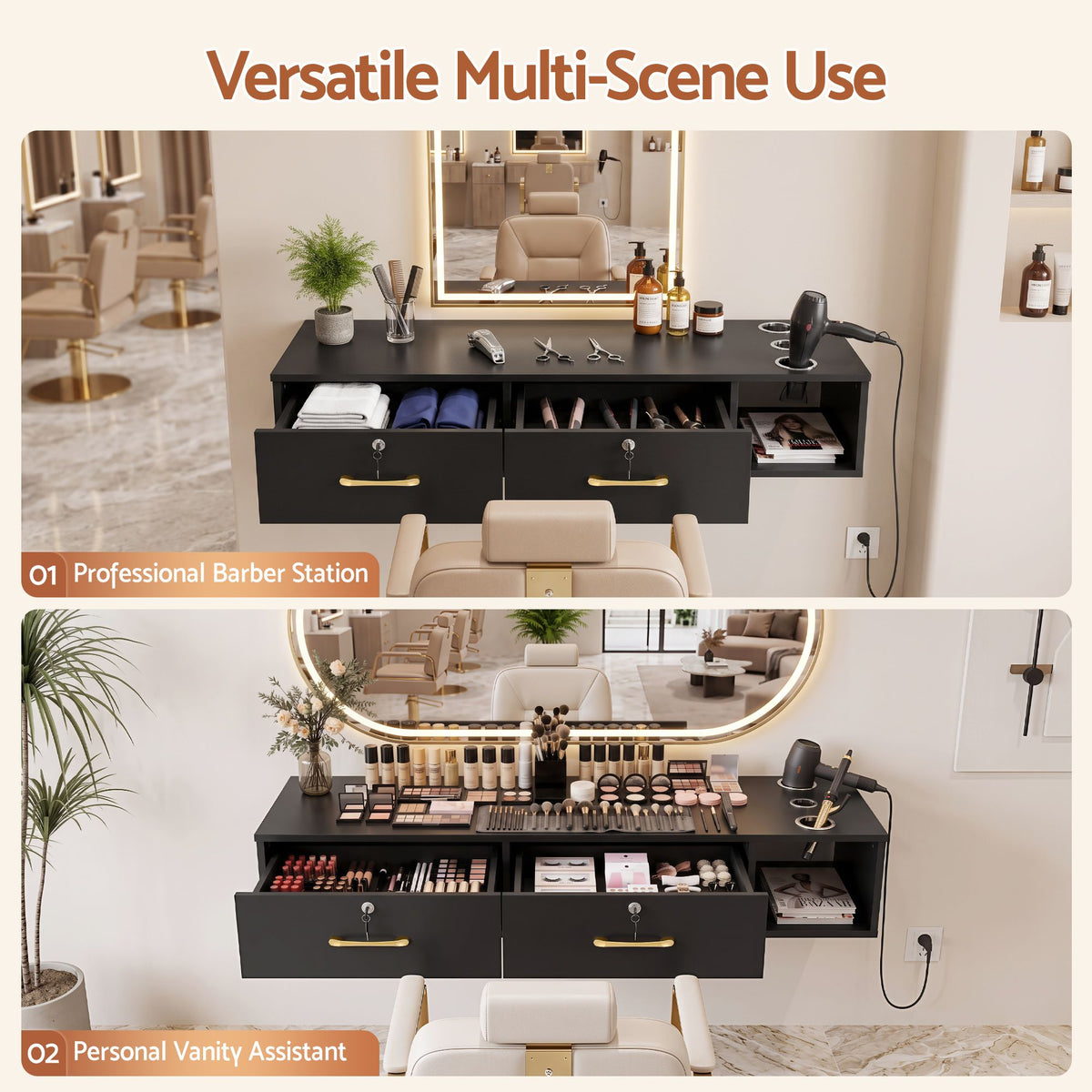 Artiss Wall Mounted Salon Station Cabinet, Hair Styling Station with 2 Lockable Drawers &amp; 3 Appliance Holders, Wooden Barber Spa Equipment for Vanity, Black