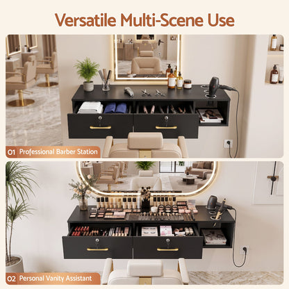 Artiss Wall Mounted Salon Station Cabinet, Hair Styling Station with 2 Lockable Drawers &amp; 3 Appliance Holders, Wooden Barber Spa Equipment for Vanity, Black