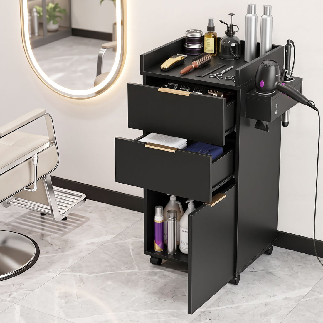 Artiss Professional Salon Station Rolling Cart, Hair Styling Beauty Cabinet with 2 Drawers, Large Supply Cabinet &amp; 3 Appliance Holders, Wood Barber Spa Trolley with 360° Wheels for Skincare &amp; Vanity, Black-Tools > Tools Storage > Utility Trolleys-PEROZ Accessories