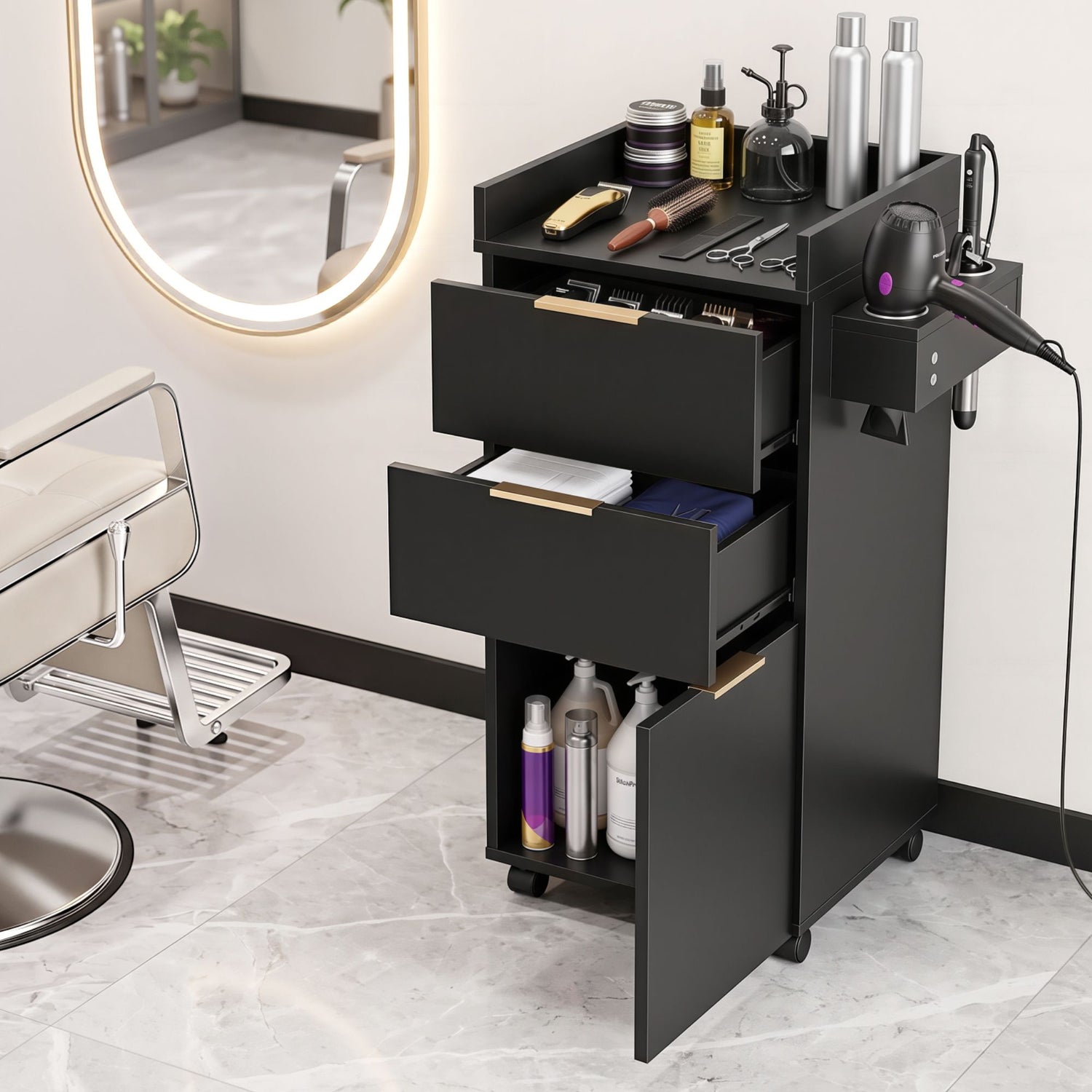 Artiss Professional Salon Station Rolling Cart, Hair Styling Beauty Cabinet with 2 Drawers, Large Supply Cabinet &amp; 3 Appliance Holders, Wood Barber Spa Trolley with 360° Wheels for Skincare &amp; Vanity, Black