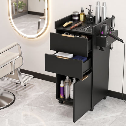 Artiss Professional Salon Station Rolling Cart, Hair Styling Beauty Cabinet with 2 Drawers, Large Supply Cabinet &amp; 3 Appliance Holders, Wood Barber Spa Trolley with 360° Wheels for Skincare &amp; Vanity, Black