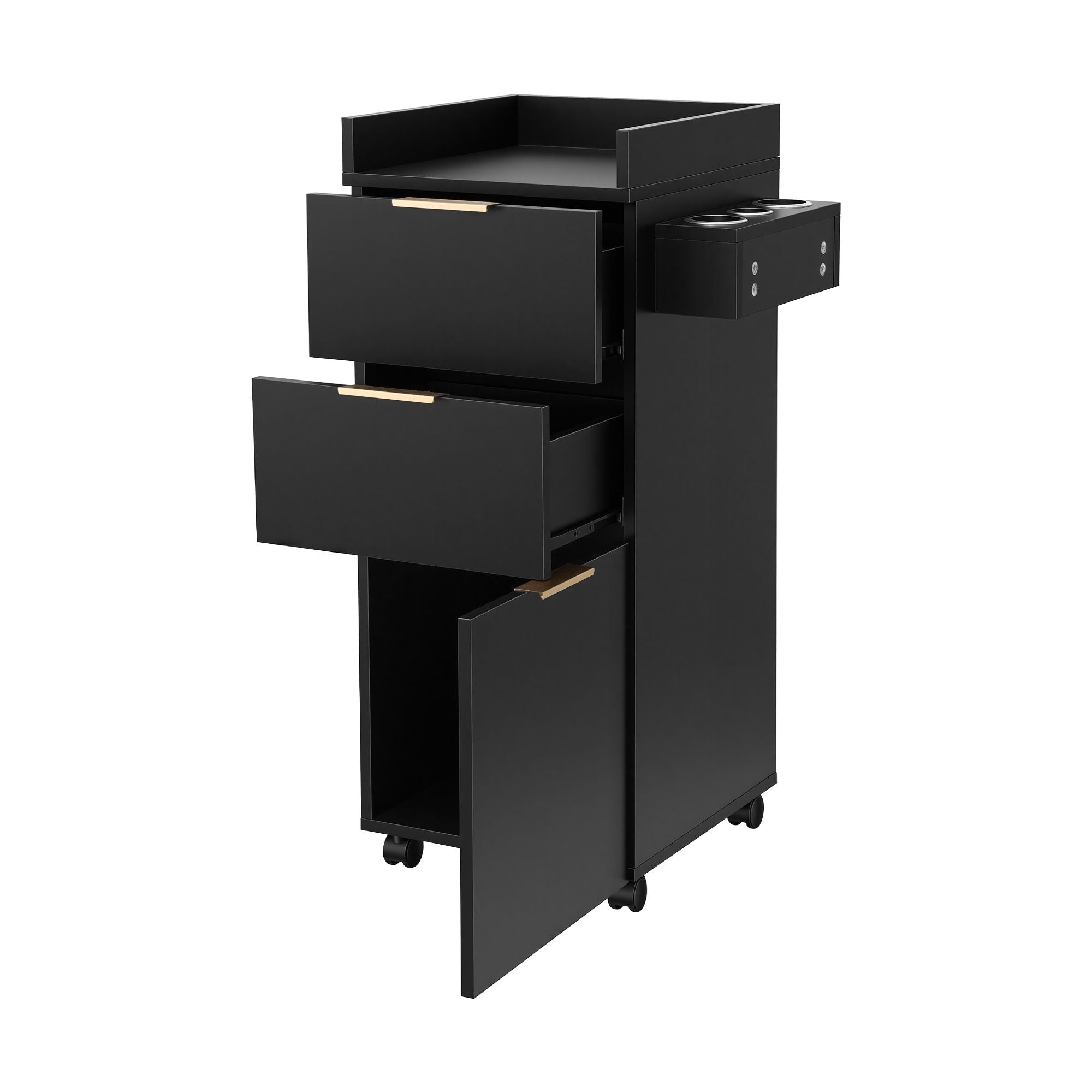 Artiss Professional Salon Station Rolling Cart, Hair Styling Beauty Cabinet with 2 Drawers, Large Supply Cabinet &amp; 3 Appliance Holders, Wood Barber Spa Trolley with 360° Wheels for Skincare &amp; Vanity, Black