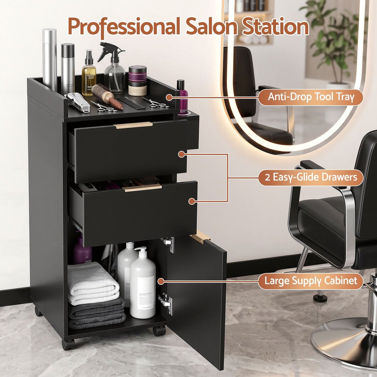 Artiss Professional Salon Station Rolling Cart, Hair Styling Beauty Cabinet with 2 Drawers, Large Supply Cabinet &amp; 3 Appliance Holders, Wood Barber Spa Trolley with 360° Wheels for Skincare &amp; Vanity, Black